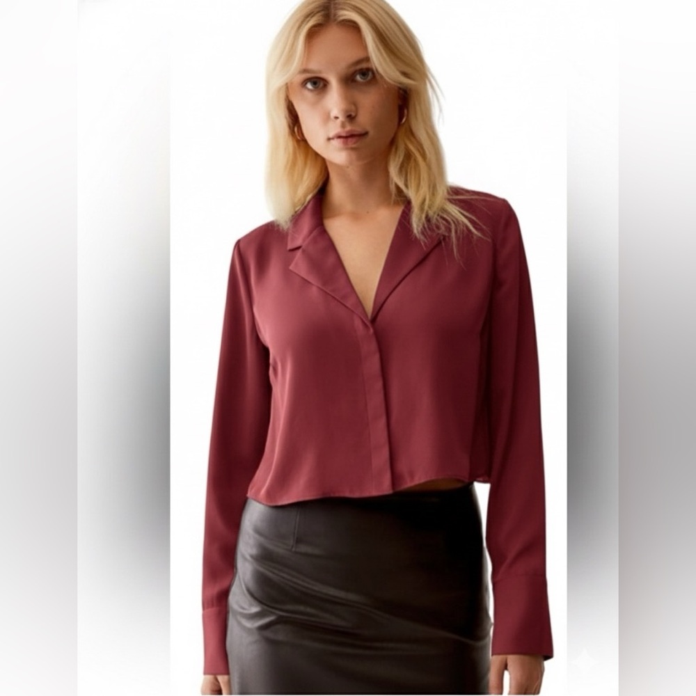 Talula Wine Red Cropped Button Up Blouse Size S